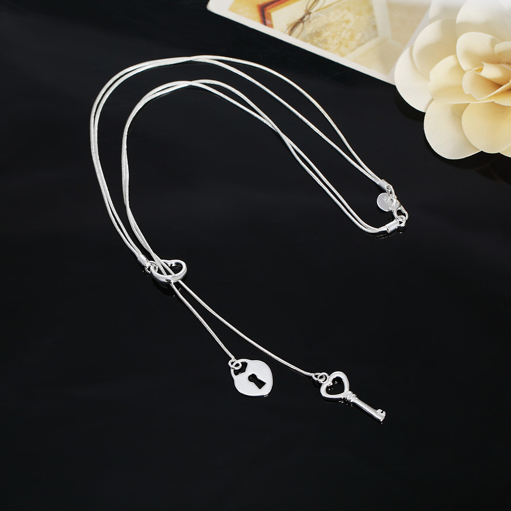 Chain Lock Combination - Fine 925 Sterling Silver romântico Coração