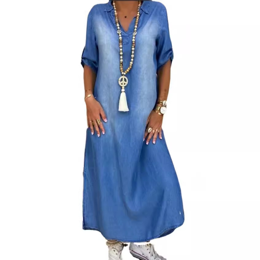 Cycling Commute Outfit - Vestido Jeans Feminino Solto Lavado com